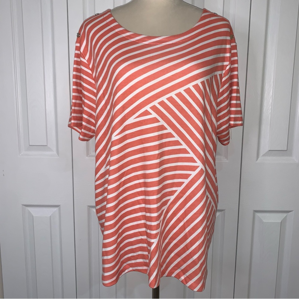 Hasting&Smith XL Apricot&white striped/pattern short sleeve shoulder buttons top